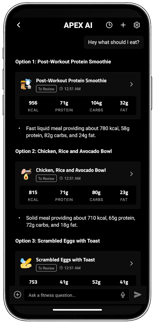 Chat de APEX sugiriendo una comida que cabe en los macros que quedan del día
