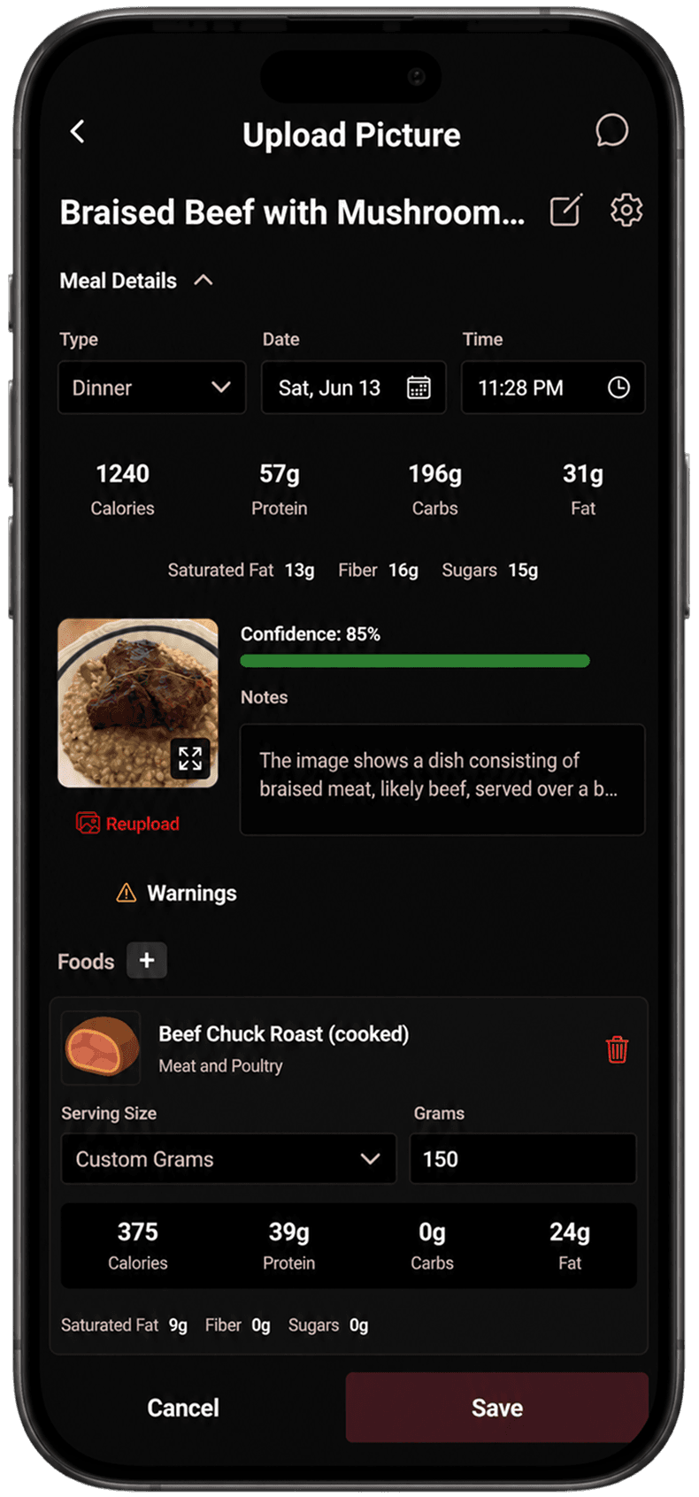 APEX detectando una comida desde una foto con macros y nivel de confianza