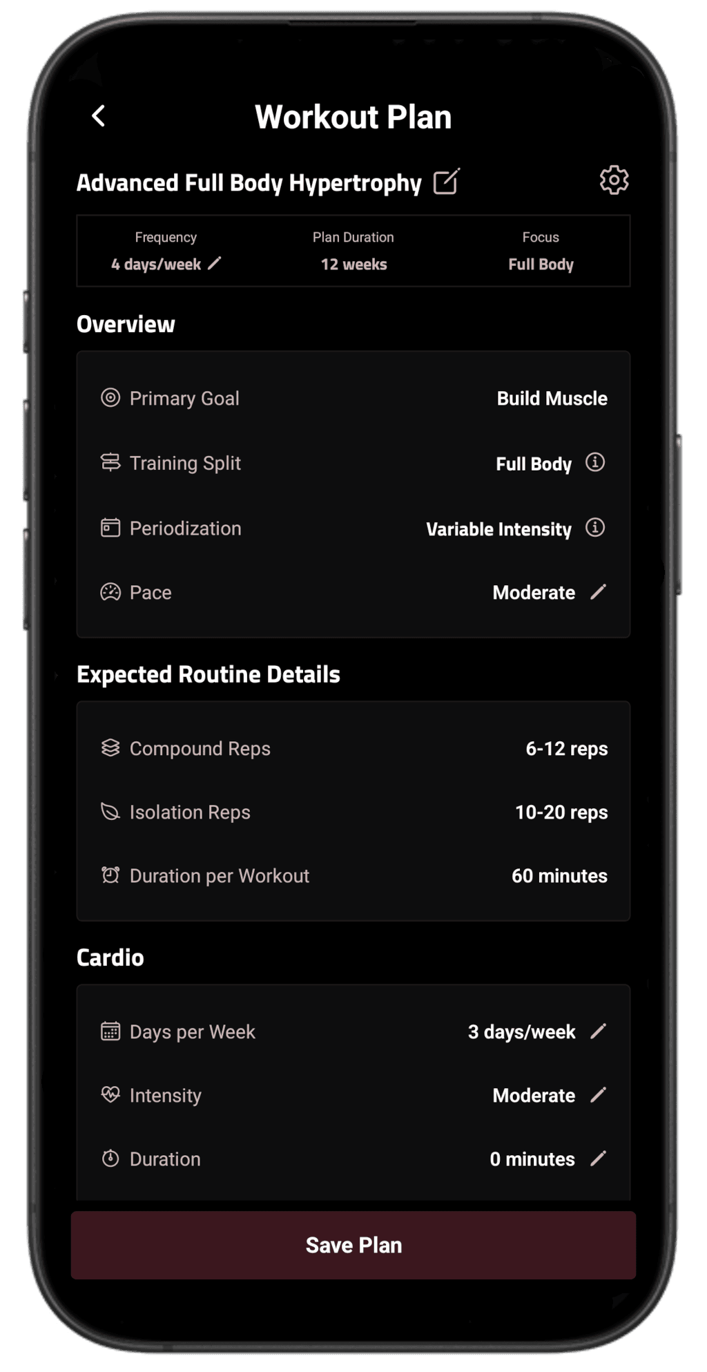 Plan de entrenamiento generado por IA con ejercicios, series y rangos de repeticiones