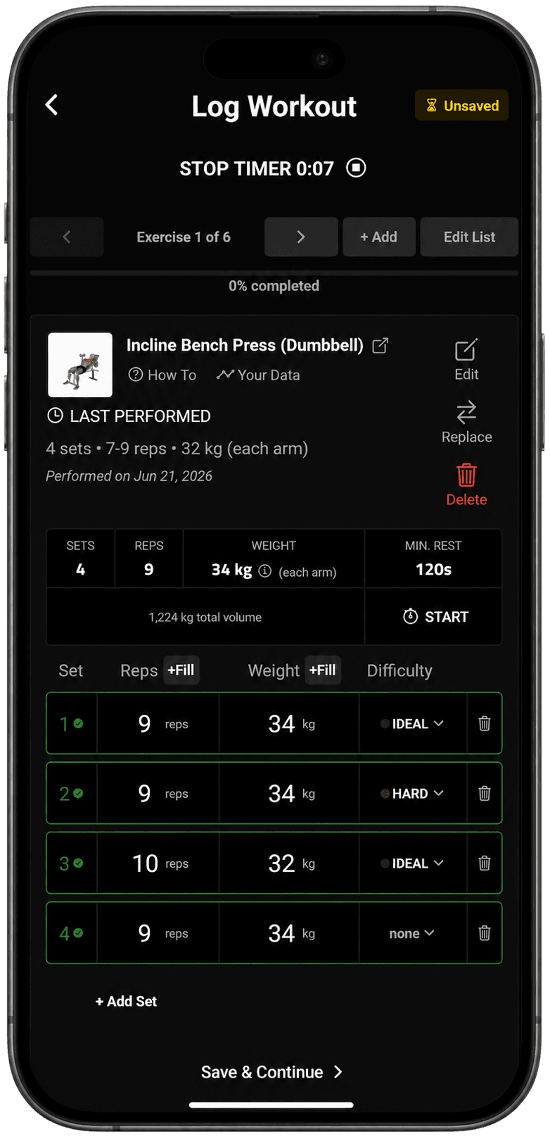 Pantalla de registro de entrenamiento en vivo de APEX